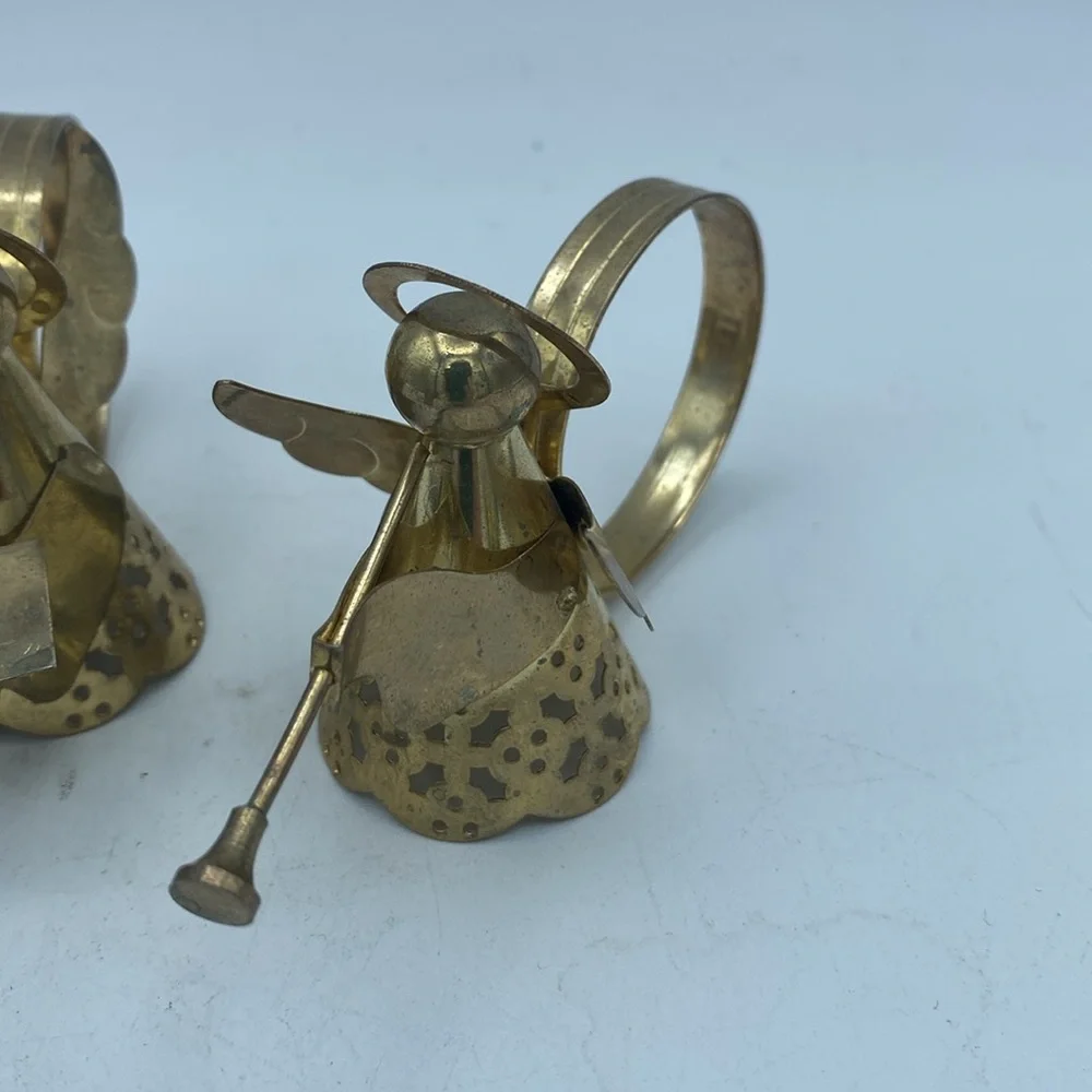 VTG set of 4 brass metal Angel w/ musical instruments napkin rings holders
